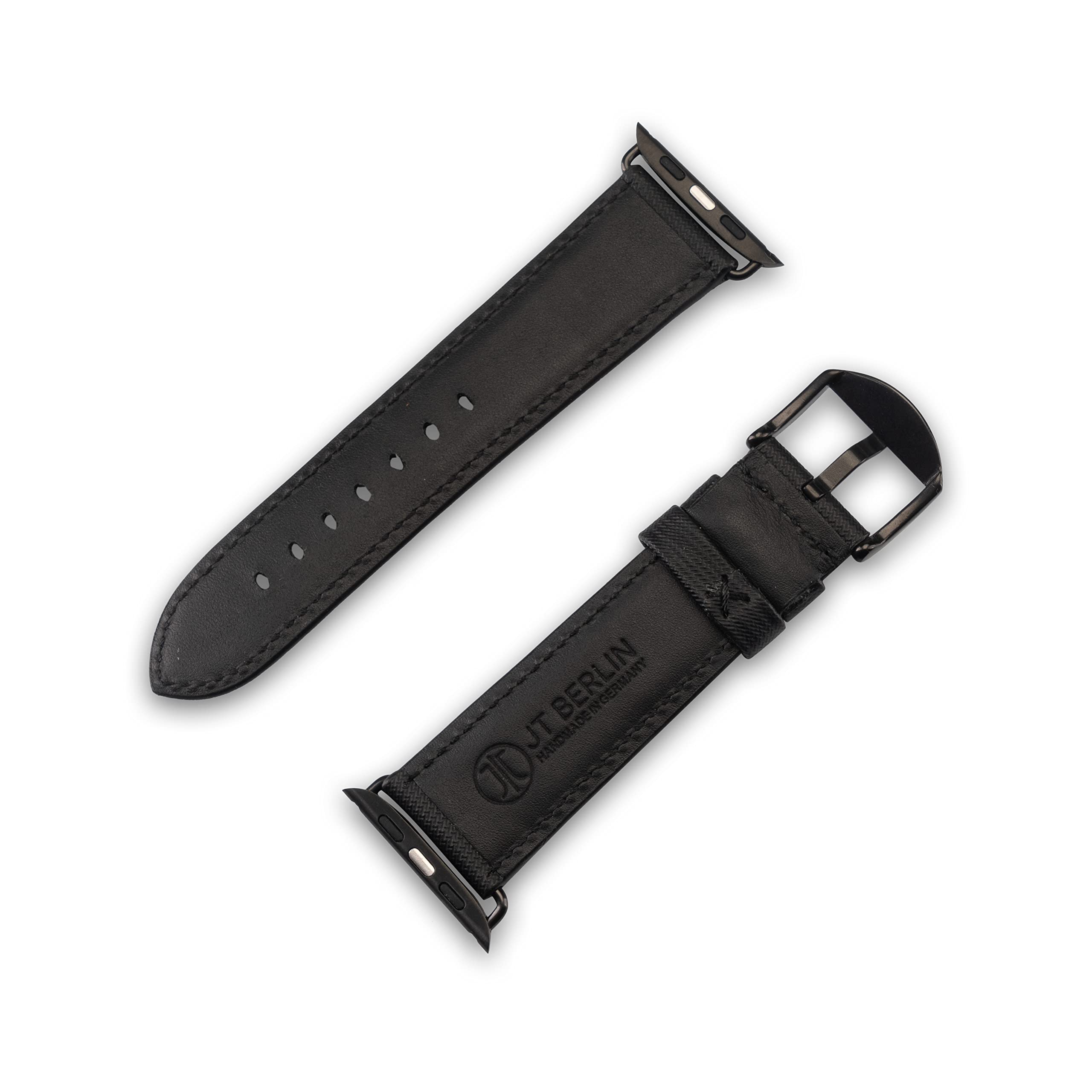 JT Berlin Armband Wannsee für Apple Watch Ultra/45/44/42mm - Schwarz | Handgefertigtes Ersatzarmband aus Nytech & Leder mit Dornschließe. Passend für iWatch Series 1-9 & SE. Größe M, Schwarz.