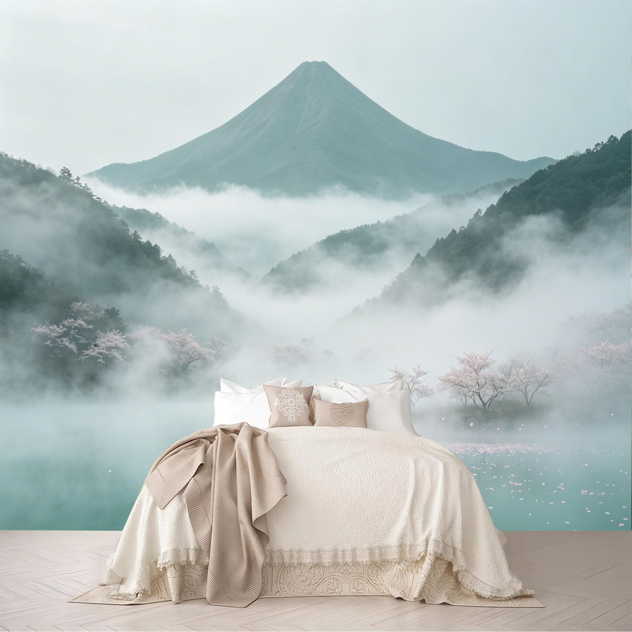 Dskjoviality Ab260706080 Custom Size Wall Murals Misty Mountain Lake Cherry Blossom Landscape Removable Self-Adhesive For Bedroom Living Room Dining Room