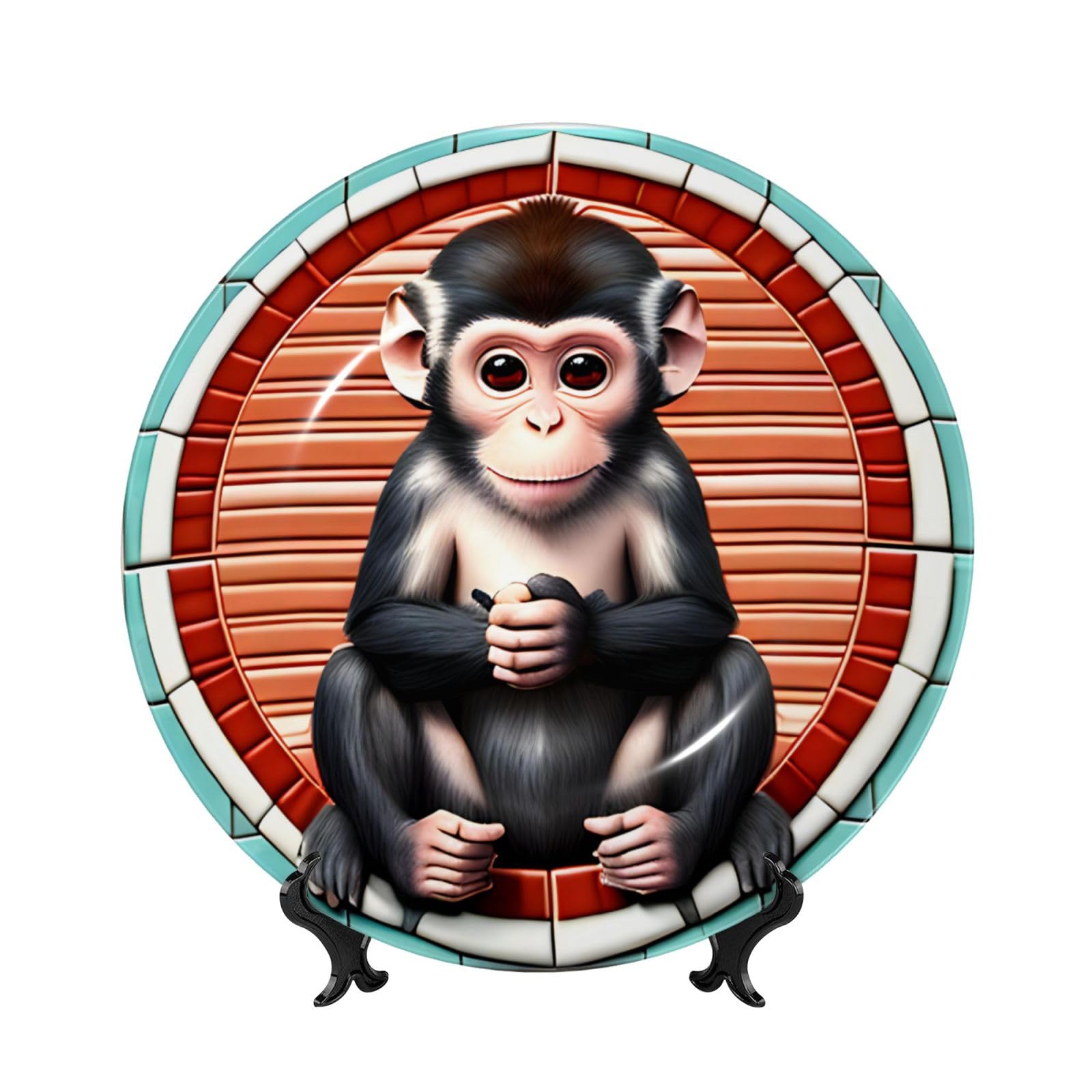 SXZVVBN The silent monkey Bone China Decorative Plate Art with Stand Removable Adhesive Hanging for Home Office 7in