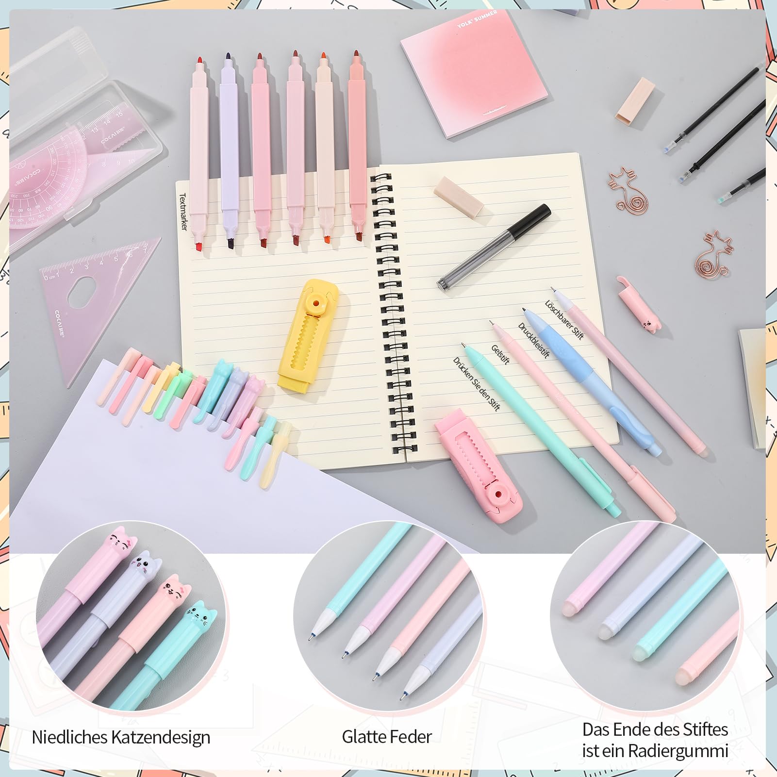 78 Pcs Fourniture Scolaire Kawaii avec Trousse, Stylo Gel, Pastels Surligneurs, Stylo Bille Rétractable, Porte Mine, Mine de Crayon, Gomme, Règle, Sticky Notes, Signets