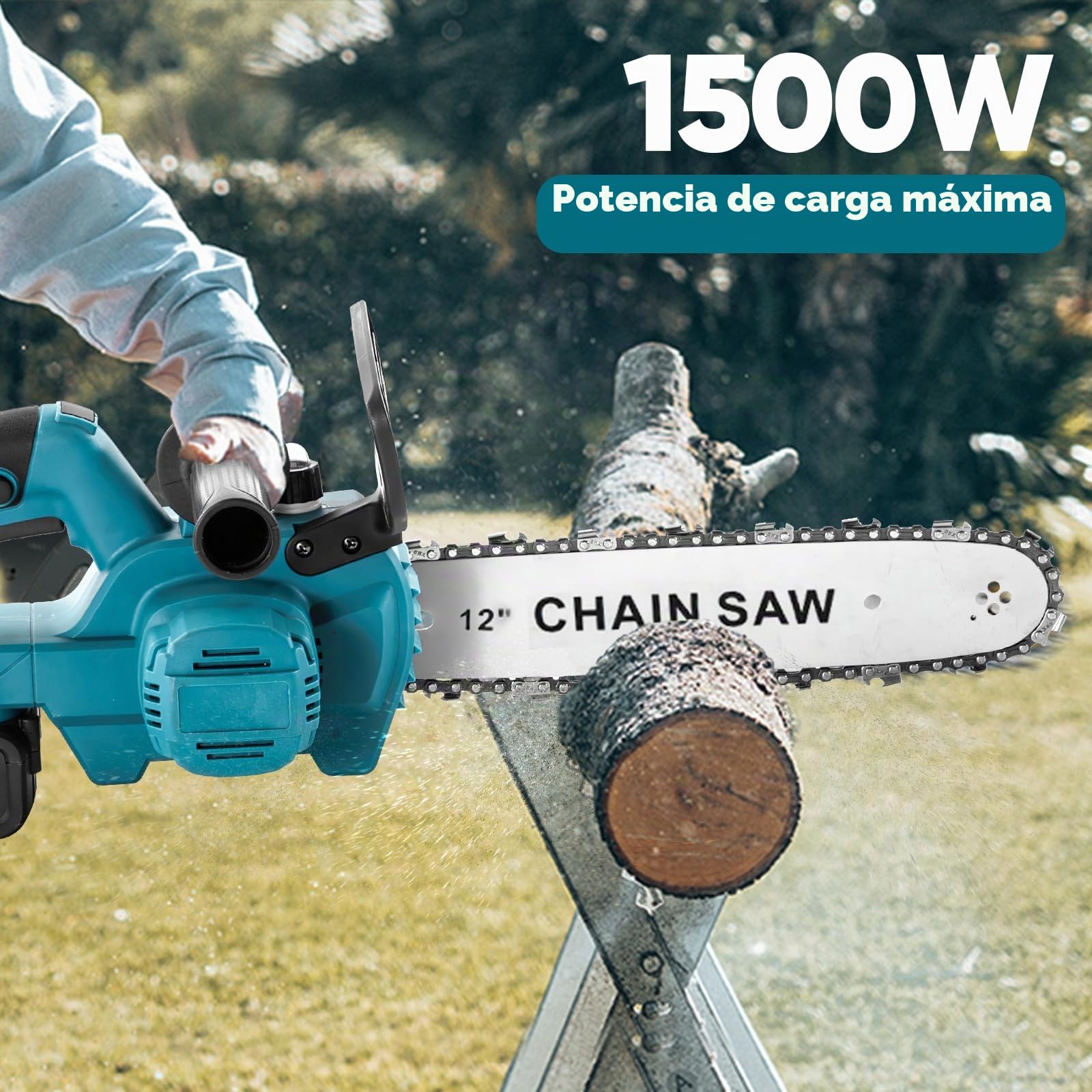 Motosierra Eléctrica 1500W,Motosierra Bateria de 12 Pulgadas con 2 Baterías, Longitud de la Barra de 30 Cm, Velocidad de la Cadena de 10 M/S, con Sistema de Lubricación,para Tala y Poda (Azul) (Azul)