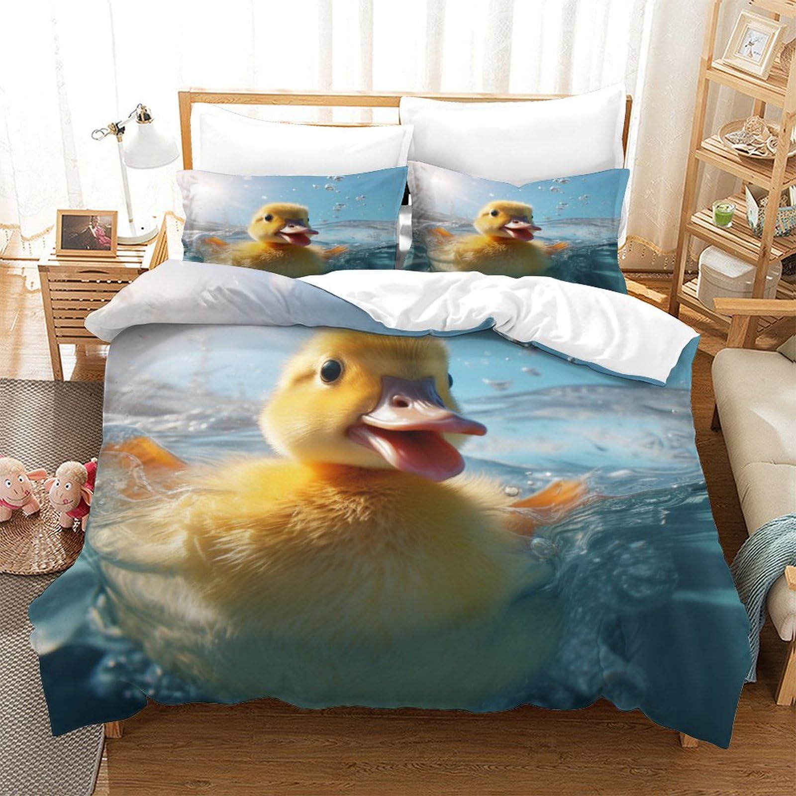 Parure de lit canard jaune 3D pour chambre d'enfant lit simple