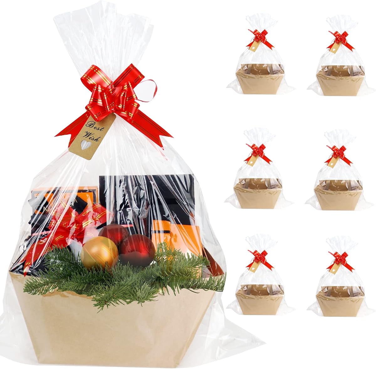 KEVTVEK Bigger Baskets for Gifts Empty, 6 Pack Sturdy Kraft Basket With Handles Gift Basket Kit, 6 Shrink Wrap Bags, 6 Bows and Hang Tag, Empty Gift Baskets to Fill for Christmas, Baby Shower