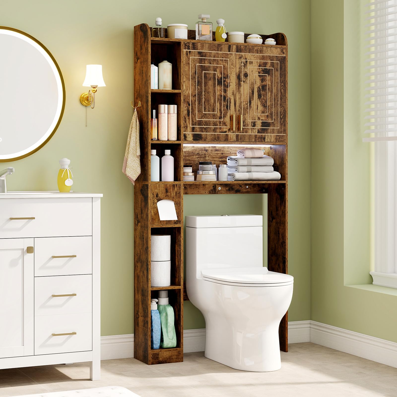 COSTWAY Mobile da Bagno Sopra WC, Scaffale Salvaspazio con Armadietto a 2 Ante, 6 Scomparti Aperti, Porta Fazzoletti, Gancio e Ripiano Regolabile, Mobiletto per Bagno e Lavanderia (Marrone)