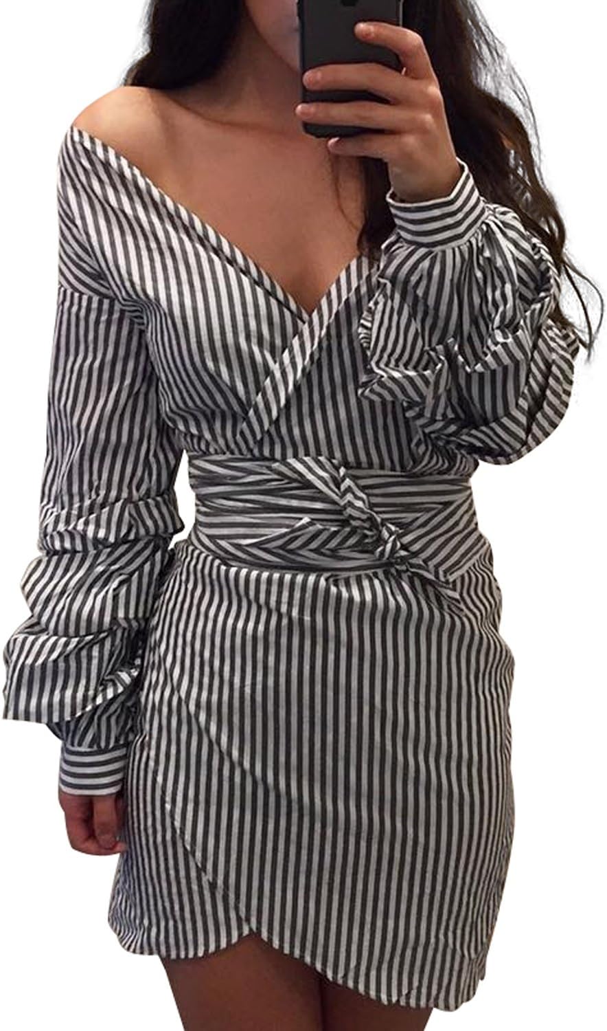 Simplee Apparel Women's Summer Party Sexy Off Shoulder Striped Mini Dress Grey