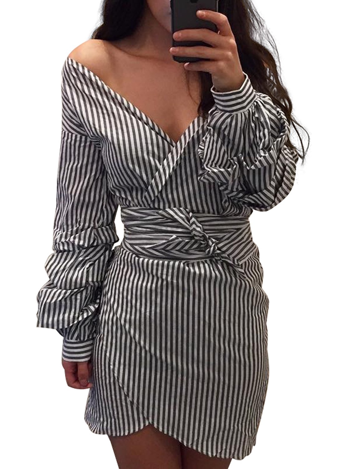 Simplee Apparel Women's Summer Party Sexy Off Shoulder Striped Mini Dress Grey