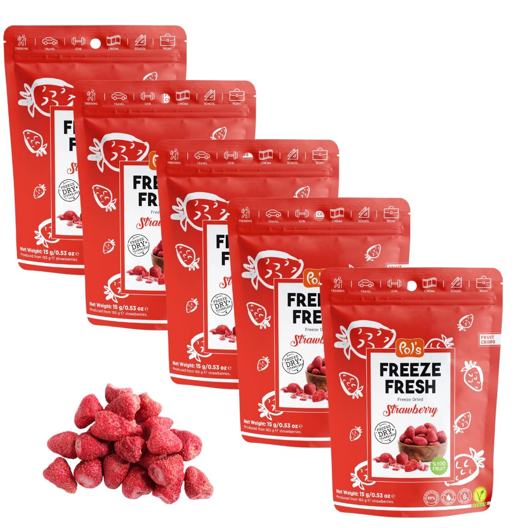 POL'S FREEZE FRESH Gefriergetrocknete Erdbeeren 100% ganze Erdbeeren, Obst Chips Erdbeere, ohne Zuckerzusatz, vegan, laktosefrei, glutenfrei, 5er Pack (5 x 15 g)