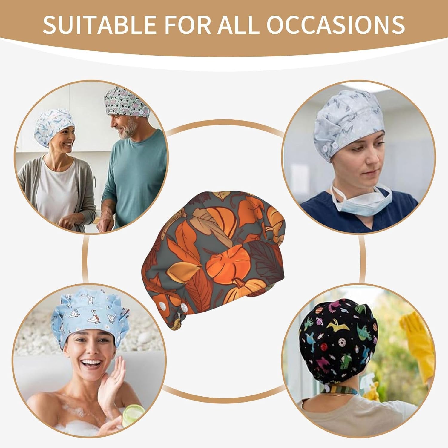 Fall Bouffant Cap with Buttons, Sweatband Cap Black