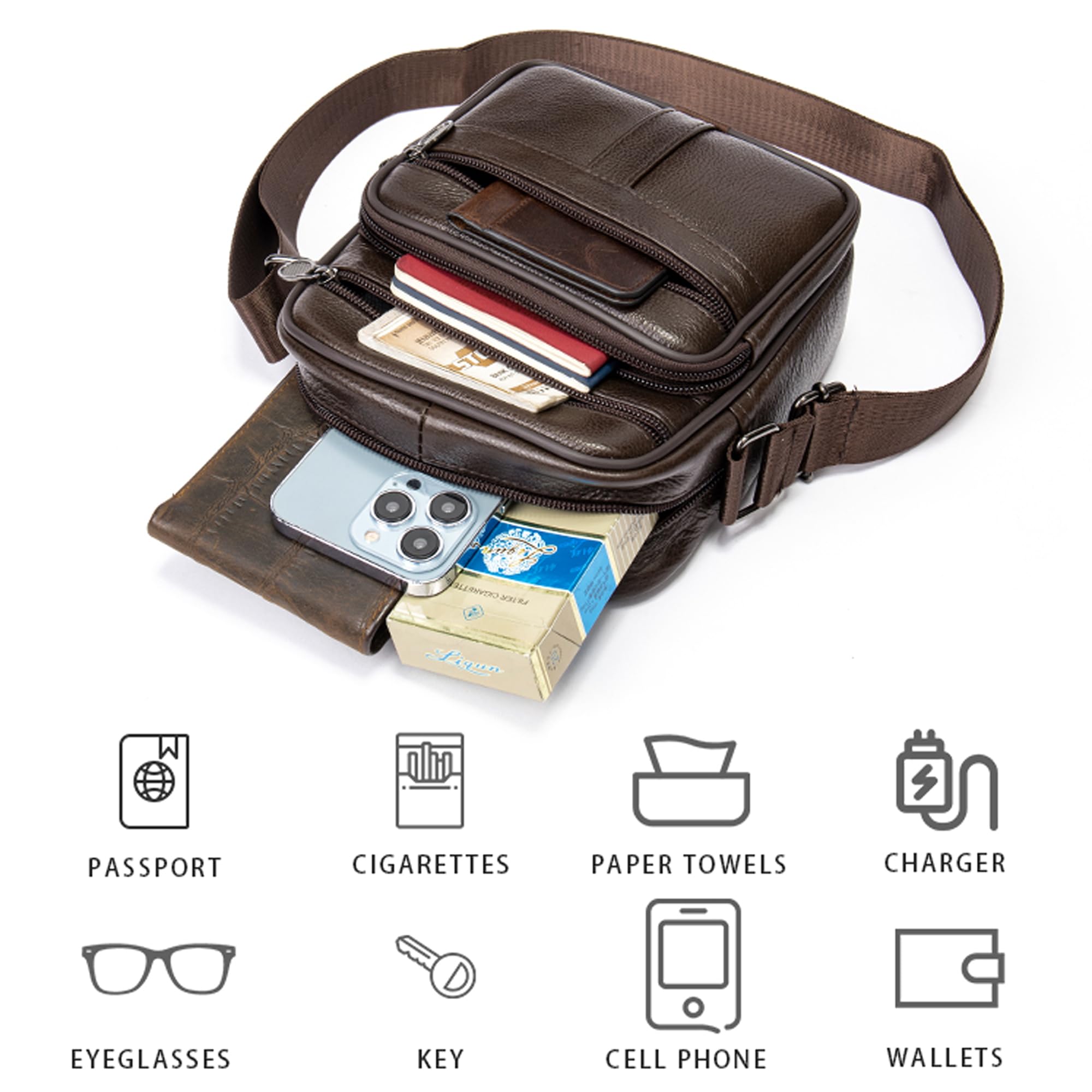 Bolso Bandolera para Hombre Cuero, Funda de Cruzado para Celular, Cuero Cartera de Hombro Teléfono Bolsa de Cruzado Pequeño Smartphone Funda Tarjetero Monedero Monedero para Deporte Viaje Senderismo