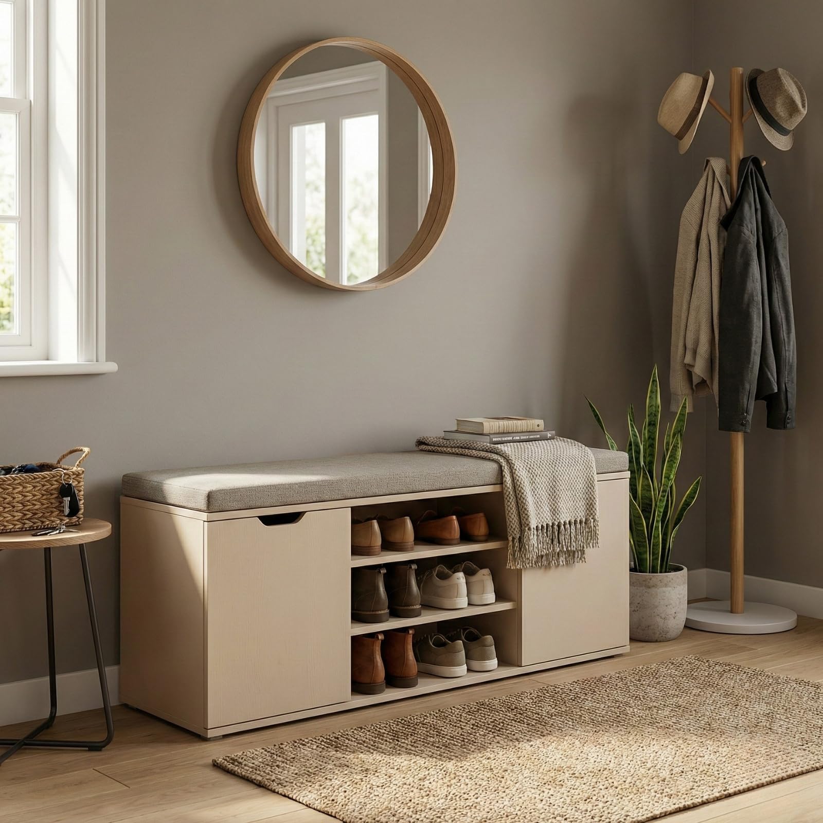 Schuhschrank mit Sitzbank 103 x 30 x 46 cm MDF Polyester Polsterung Flurbank Stauraum hellgrau