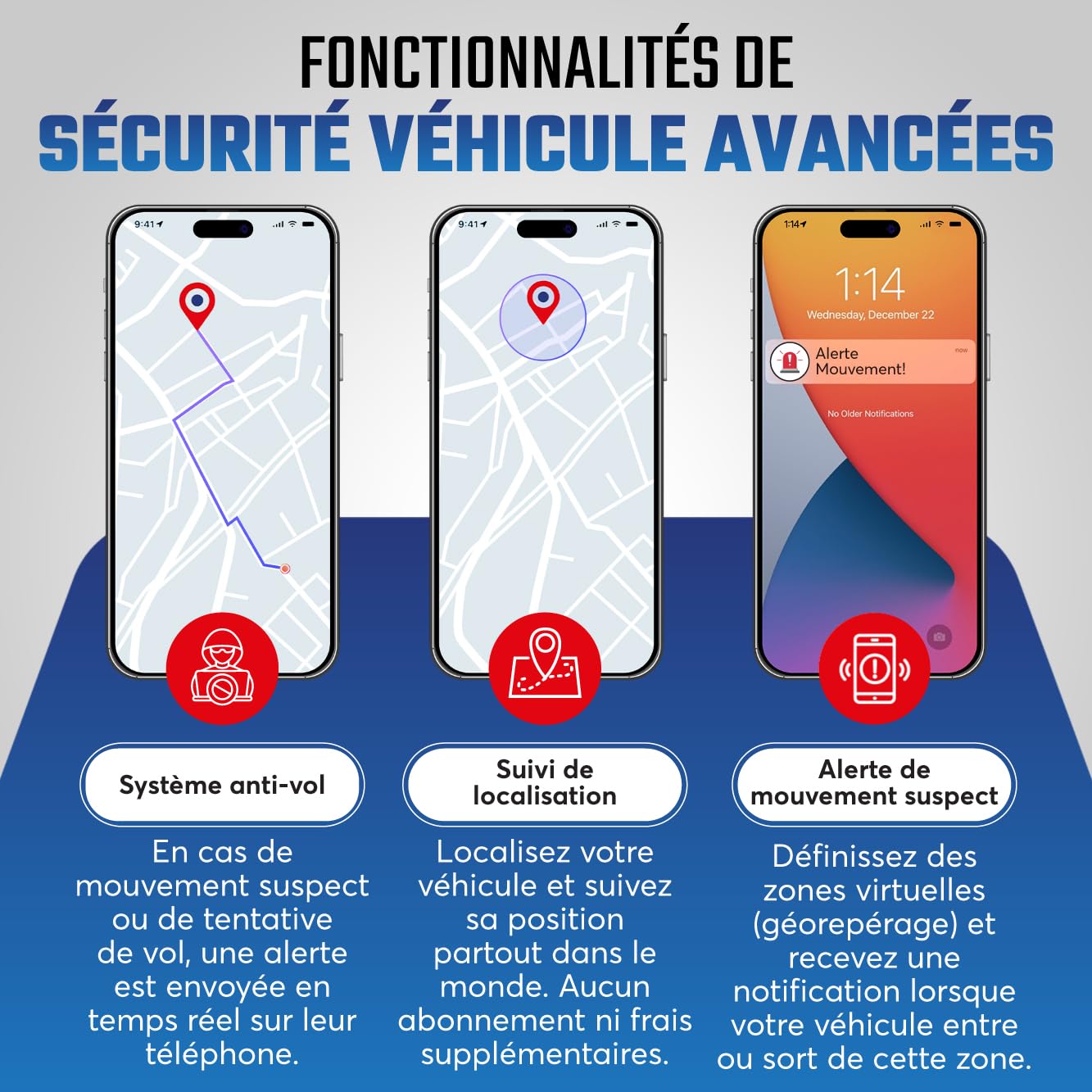 Traceur GPS sans abonnement mensuel – Pas besoin de recharge – Application et abonnement 10 ans inclus – Tracker GPS voitures, motos, camping-car, vans – Suivi en temps réel, alertes de mouvement