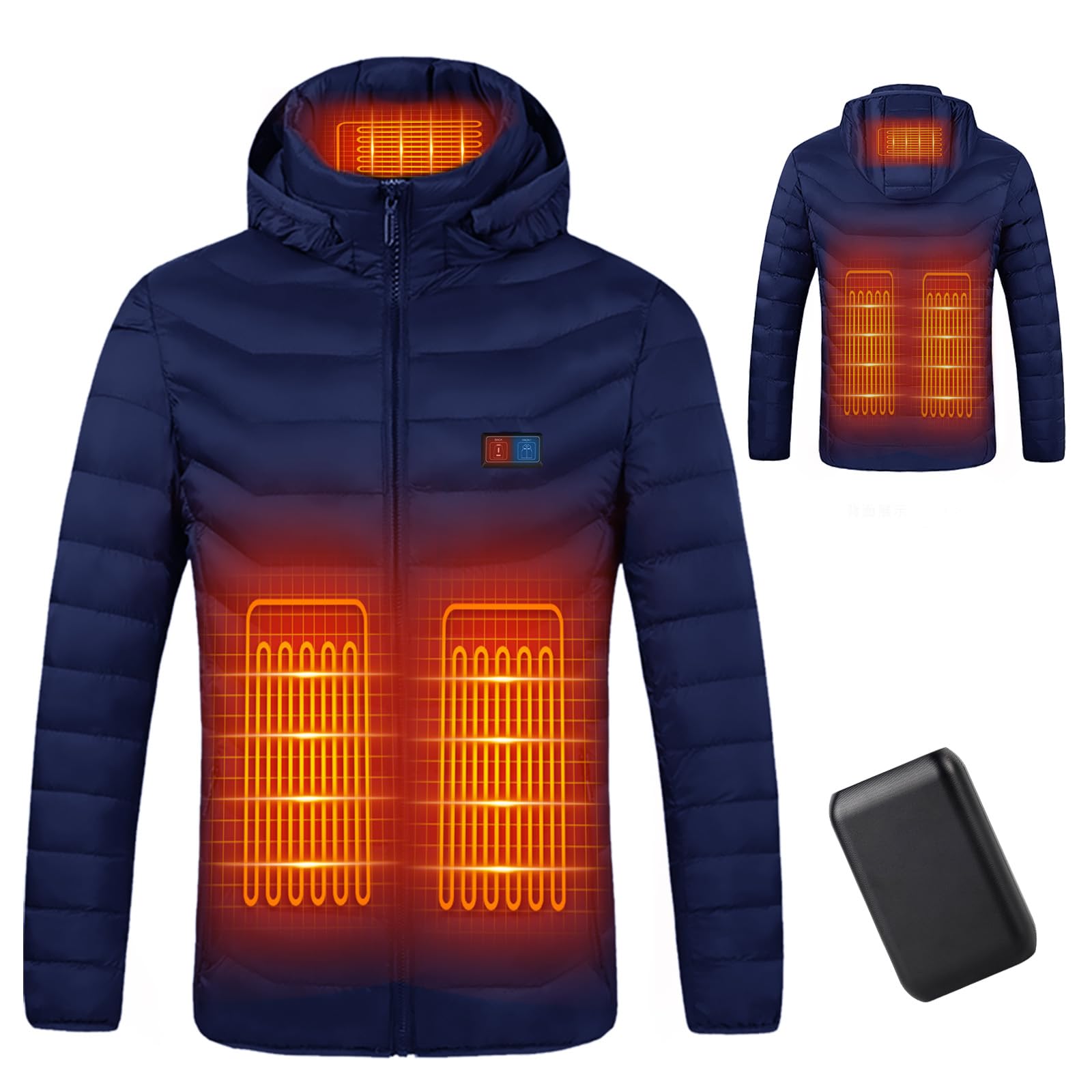 Giubbotto Riscaldato con Power Bank 10000mAh - Giacca Riscaldato con Cappuccio 5 Zone di Calore, 3 Livelli Doppi Controlle per Il Lavoro All'aperto Sci Trekking