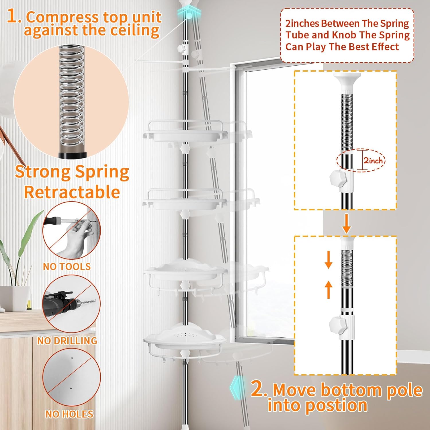 Upgrade Sturdy Shower Caddy Tension Pole Corner Shower Caddy Bathroom Organizer 18/8 Stainless Steel Rustproof 4 Tier Adjustable Shelves for Bathtub Shampoo Accessories Storage Rack 32-122inch