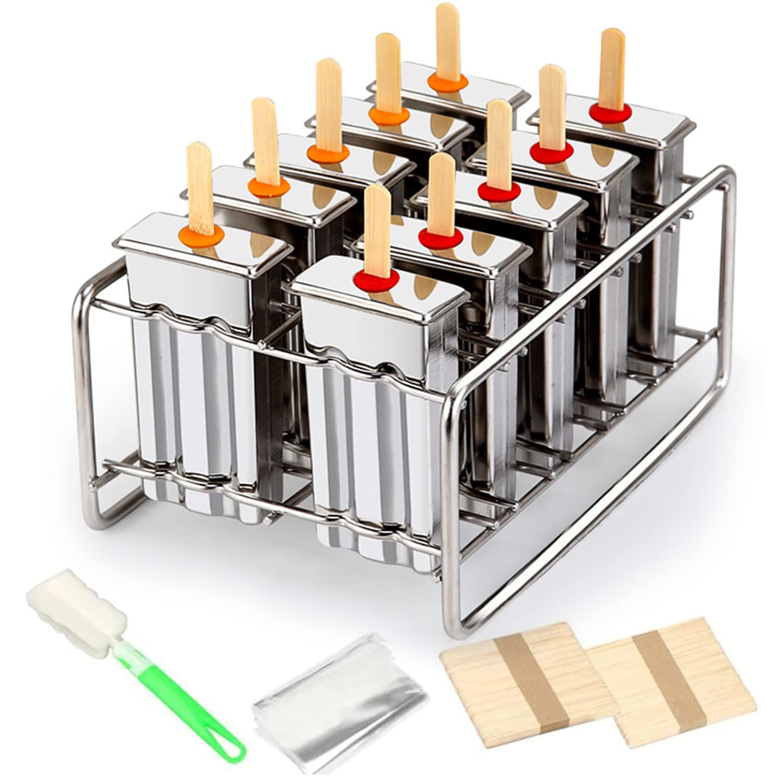 Molde para palitos de helado, 10 moldes para paletas de acero inoxidable, fabricantes comerciales de paletas de hielo con estante, 10 sellos de silicona, 100 palitos de bambú reutilizables, 20 bolsa