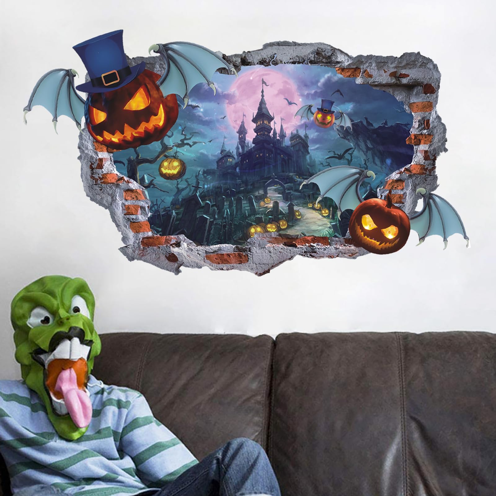KAIRNEHalloween Pumpkin Window Stickers,3D Halloween Wall Stickers,Halloween Wall Decoration,Removable Castle Bat Ghost Decals for Children Kids Bedroom Nursery Party Living Room Decor