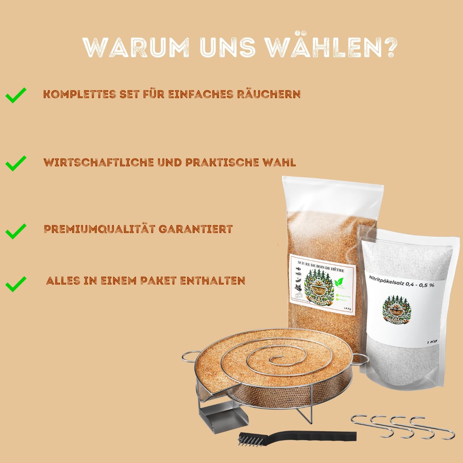 Kaltrauchgenerator/Räucherschnecke + 1,2 kg Räuchermehl Buche + 1 kg Nitritpökelsalz + 4 Haken & Bürste – Kalträucher-Set aus Edelstahl für Fleisch, Fisch, Speck, Wurst – Inkl. Gratis PDF-Ratgeber