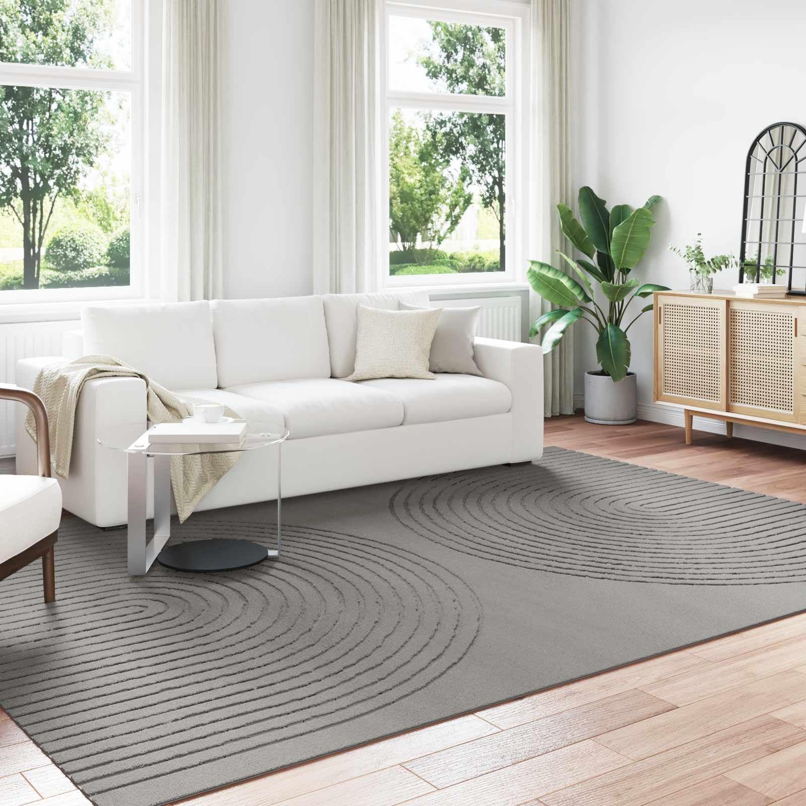 Tapis d'angle gris Galati 340x240cm en polyester antidérapant pour grand salon
