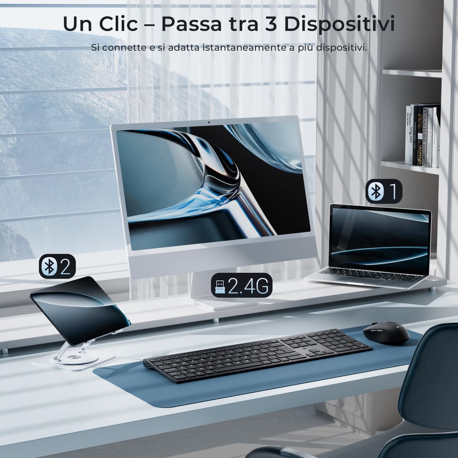 iClever Tastiera e Mouse Wireless Bluetooth, Tastiera e Mouse Doppia Modalità (Bluetooth + 2.4G) Ricaricabile, Layout Italiano QWERTY, Silenziosa for Mac, iPad, PC, Laptop, Desktop, Tablet, Smartphone