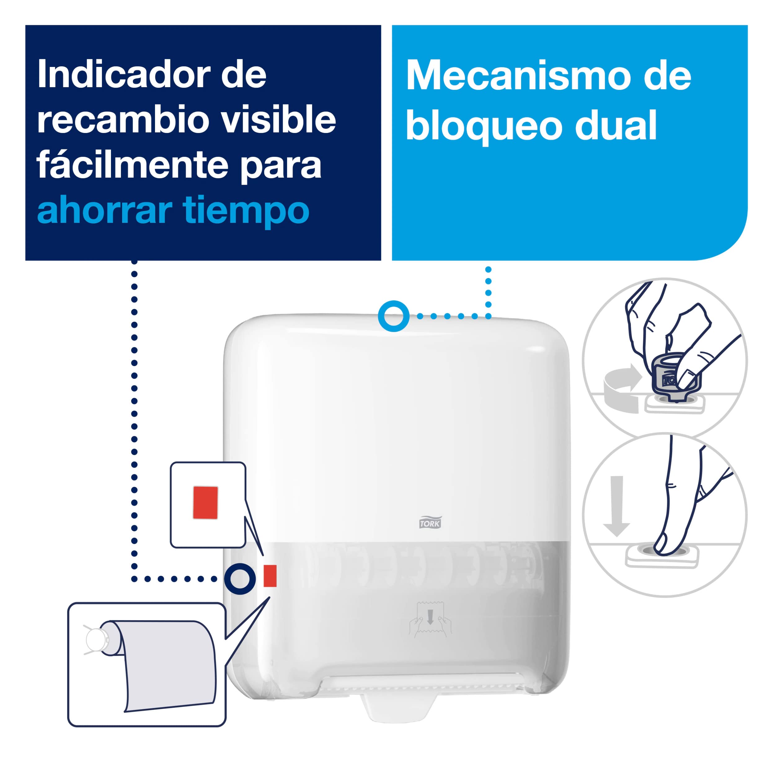 Tork Matic 551000, Dispensador de toallas de papel H1, dispensación única con indicador de nivel de recarga, blanco