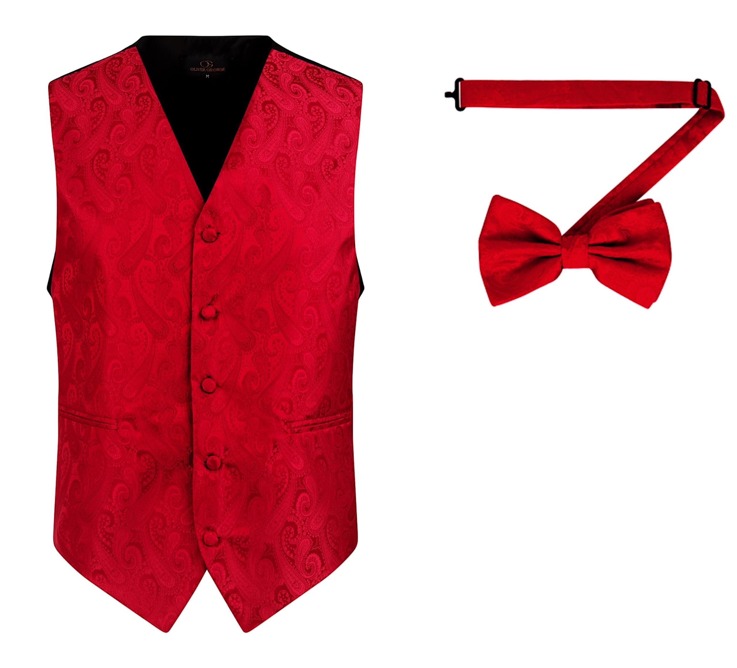 Oliver George 2pc Men's Paisley Formal Suit Vest Waistcoat Tuxedo Dress Vest Bowtie Set for Suit or Tuxedo, Red, 3XL