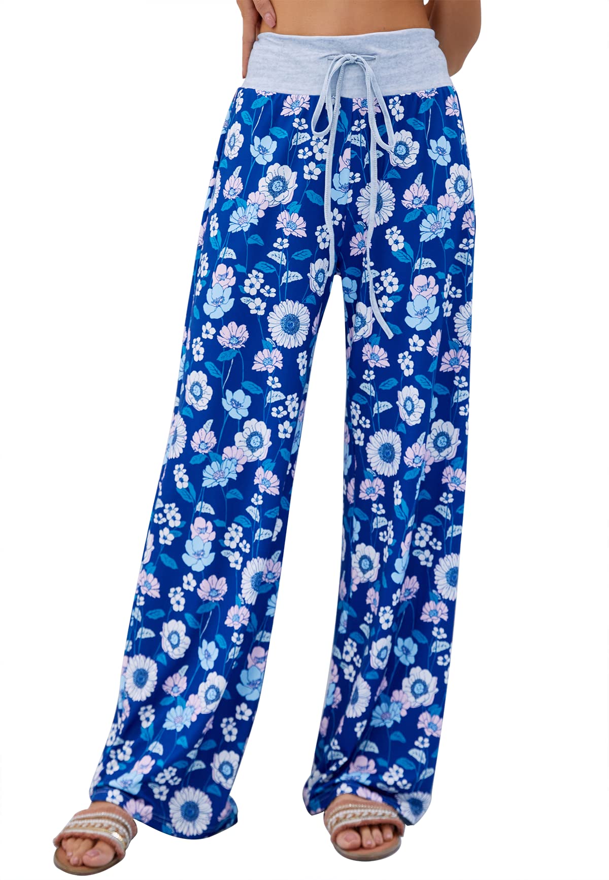 X-Image Women's Comfy Pajamas Drawstring Stretch Floral Print Long Wide Leg Lounge Pants