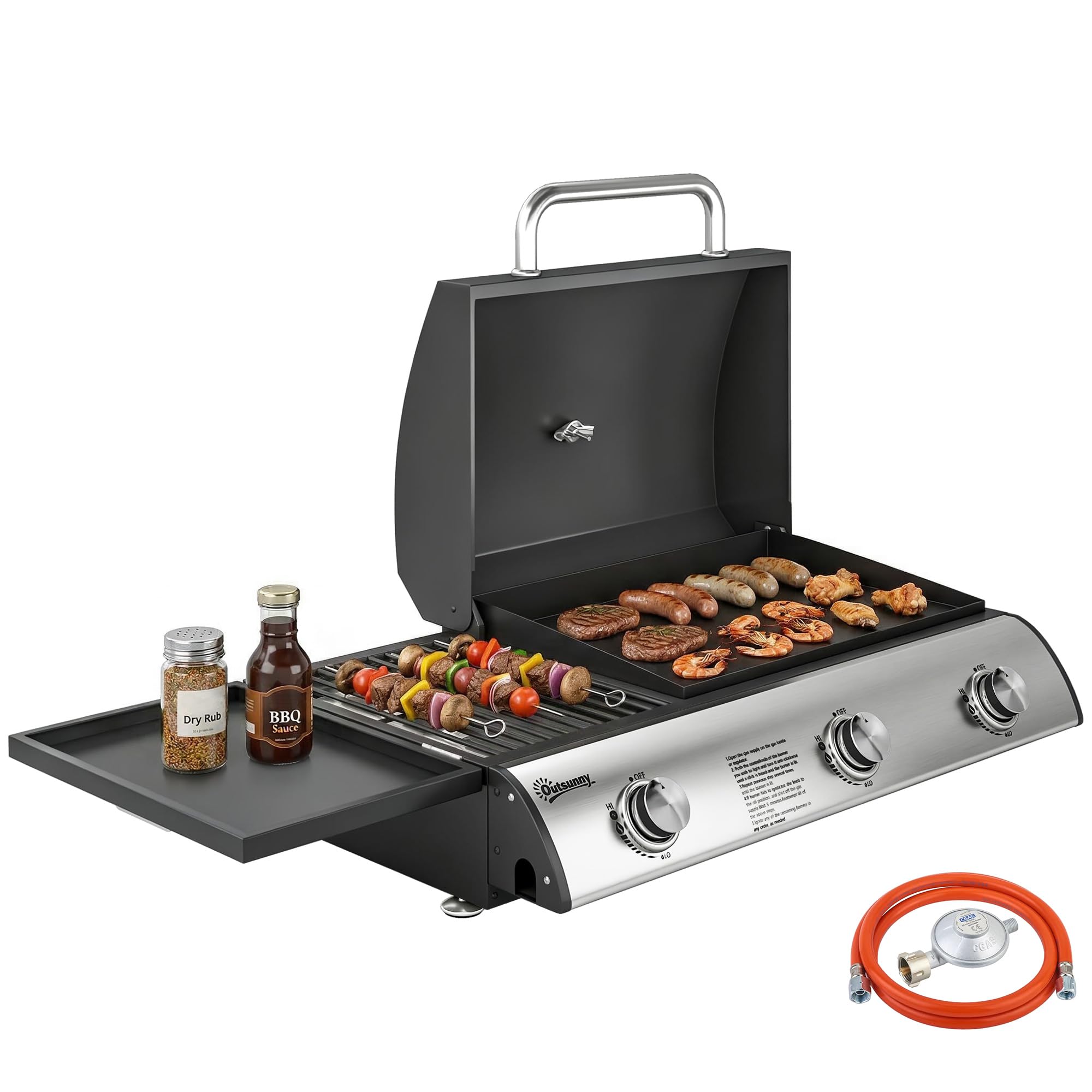 Outsunny Barbacoa de Gas BBQ Gas con 3 Quemadores 7,5 kW, Barbacoa de Mesa Portátil con Parrilla, Plancha, Estante Lateral Convertible, Termómetro, Tapa, Caja de Goteo, Patas Ajustables, Negro