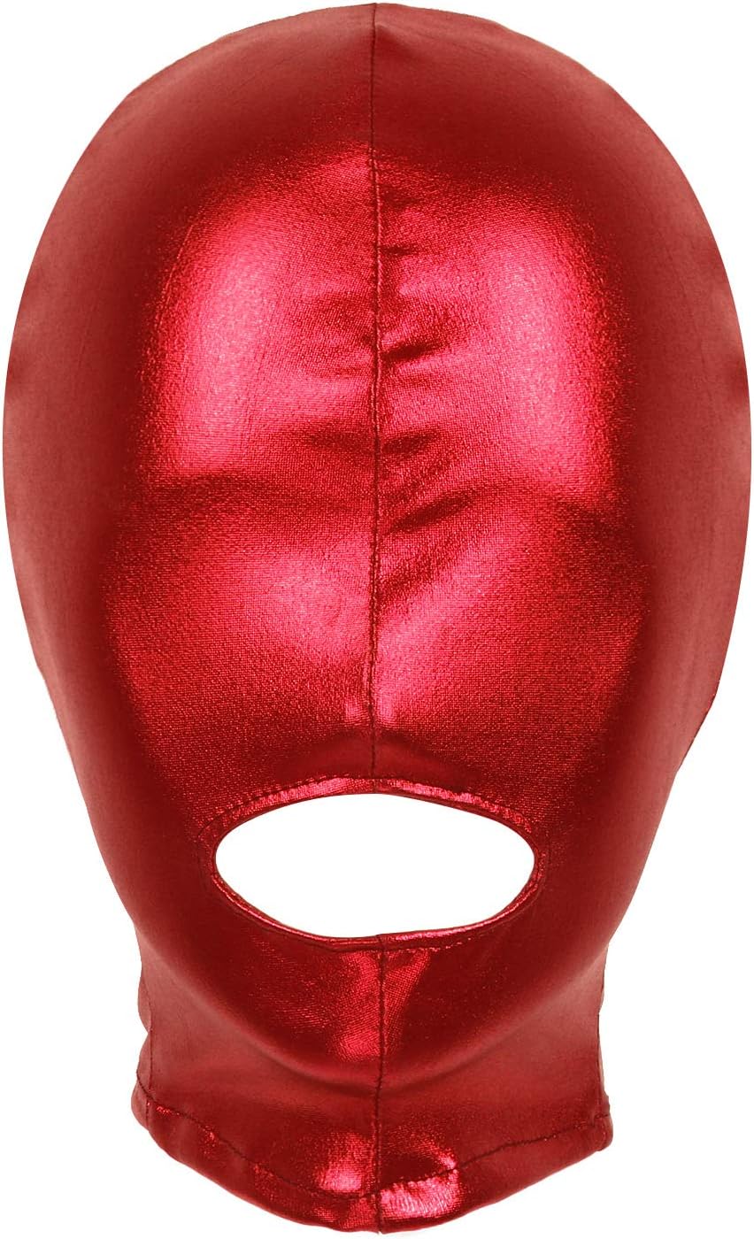 Alvivi Halloween Cosplay Costume Outfit Full Head Mask Roleplay Costume Latex Metallic Open Mouth Headgear Full Face Mask Hood Unisex Red Free Size