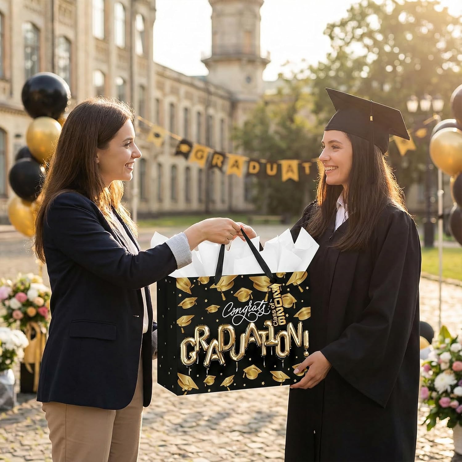 Loveinside 13" Large Graduation Gift Bag, Black Gold Congrats Graduation Balloon Letter Design Gift Bag with Tissue Paper, Elegant Party Bag for High School College Graduates, 13" x 5" x 10", 1 Pcs - Image 6