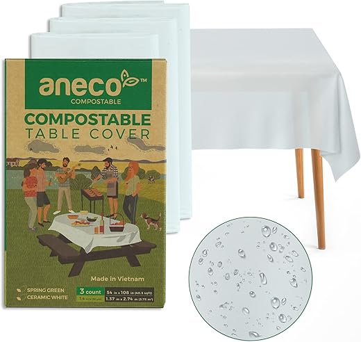 ANECO 100% Compostable Tablecloths for Rectangle Tables (54''x108'', 3 Count) - White Disposable Rectangular Tablecloth - Anti-Plastic Table Cover for Outdoor, Party, Picnic, Wedding