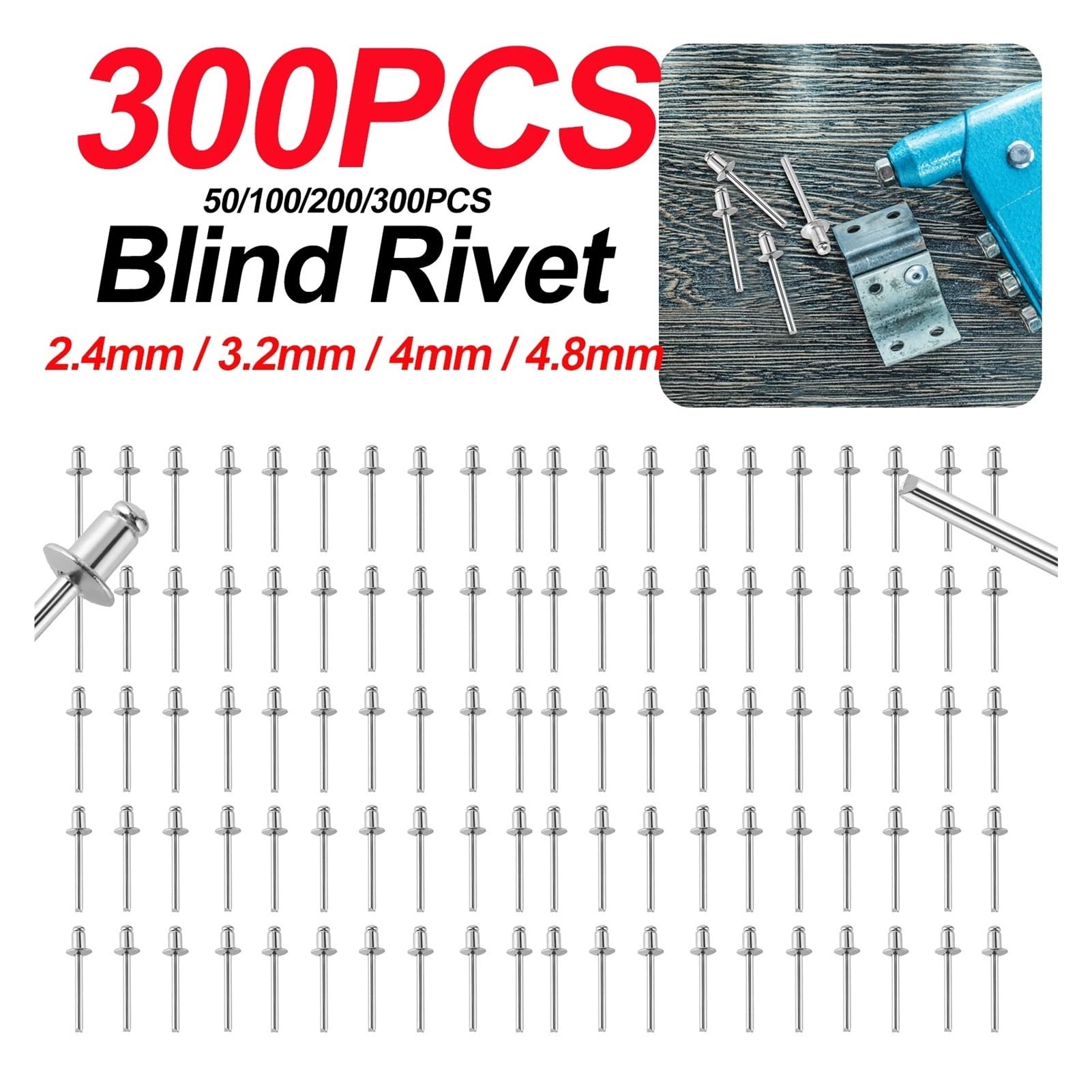 Rivets Aveugles en Aluminium 300-500 rivets aveugles à tête ronde en alliage d'aluminium 304, de 2,4 mm,8, for décoration et échappement(4.8mm,300PCS)