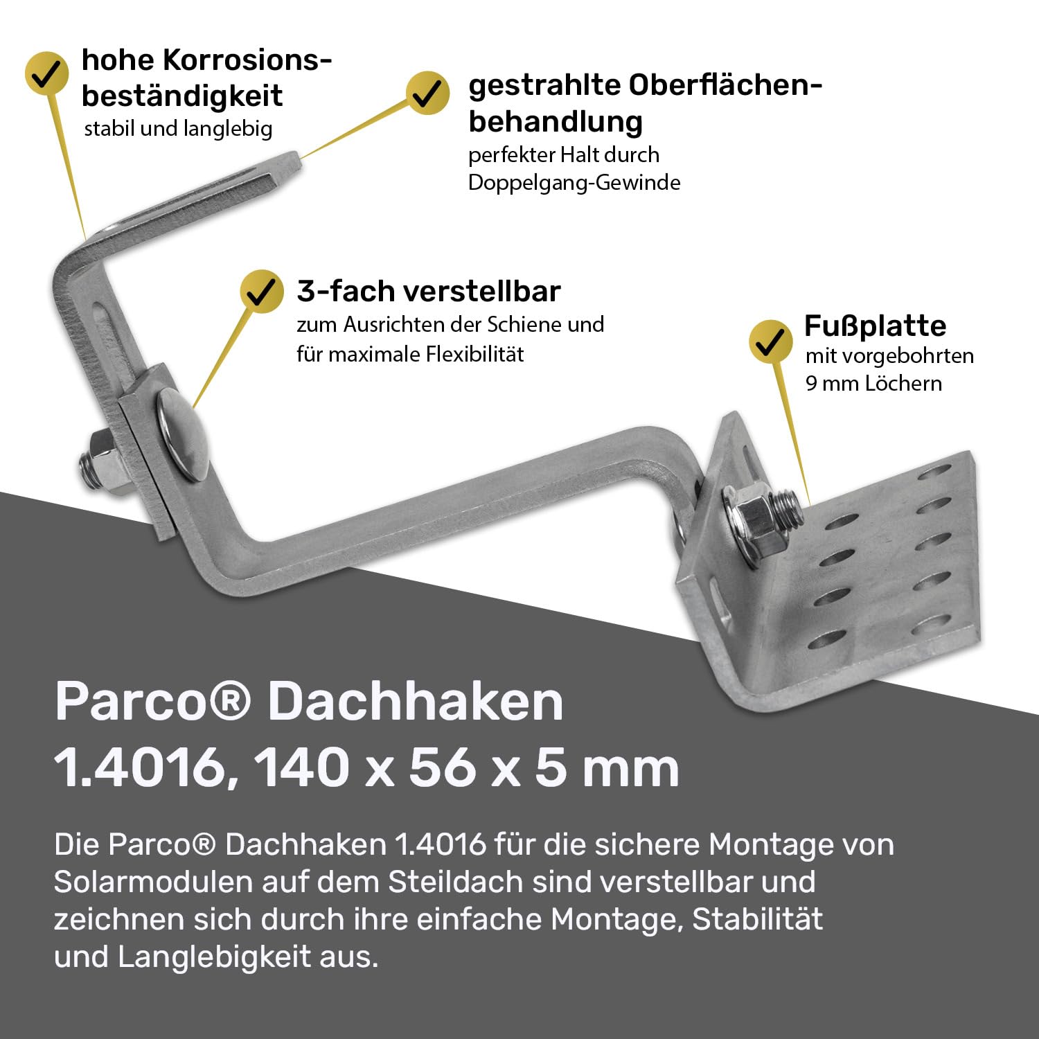 Hak dachowy A2 z 3-stopniową regulacją, 140 x 56 x 6 mm, stal nierdzewna, do paneli słonecznych PV, fotowoltaicznych uchwytów dachowych, w zestawie śruby i nakrętki, 10 sztuk