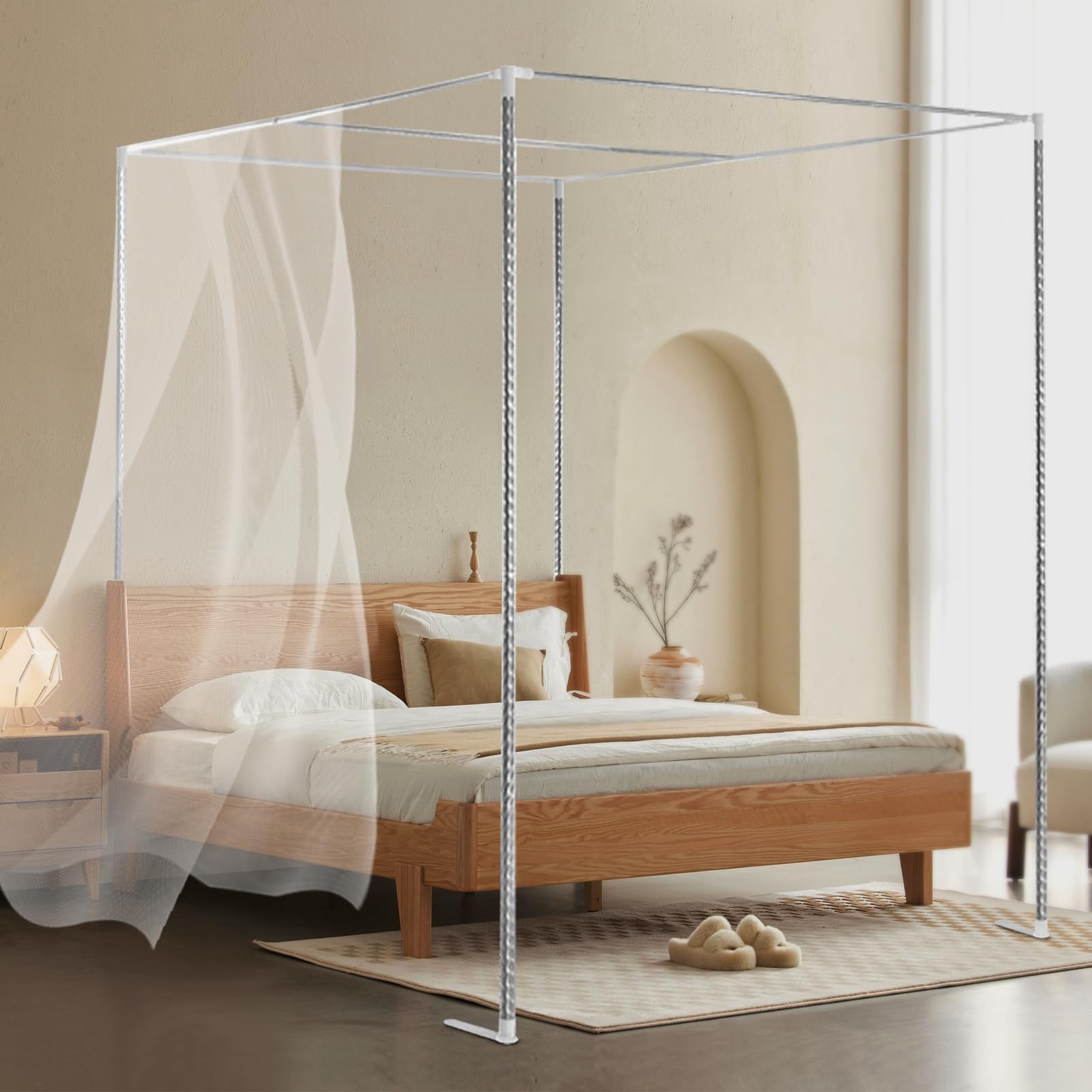 4-Corner Bed Canopy Frame Post Bracket, Mosquito Netting Curtain Support 1.5 * 2 * 2m Bed Canopy Frame Post Bracket tainless Mosquito Netting Curtain Bracke Threaded Ports/High Stability