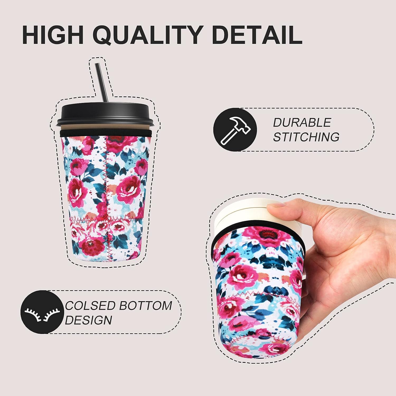 2 Pack Iced Coffee Sleeves, Reusable Neoprene Iced Coffee Cup Sleeves, Insulator Sleeve for Beverages, Cold Drink Cup Sleeve for Starbucks Coffee, McDonalds (2 Pack with 18oz, Blush Floral)