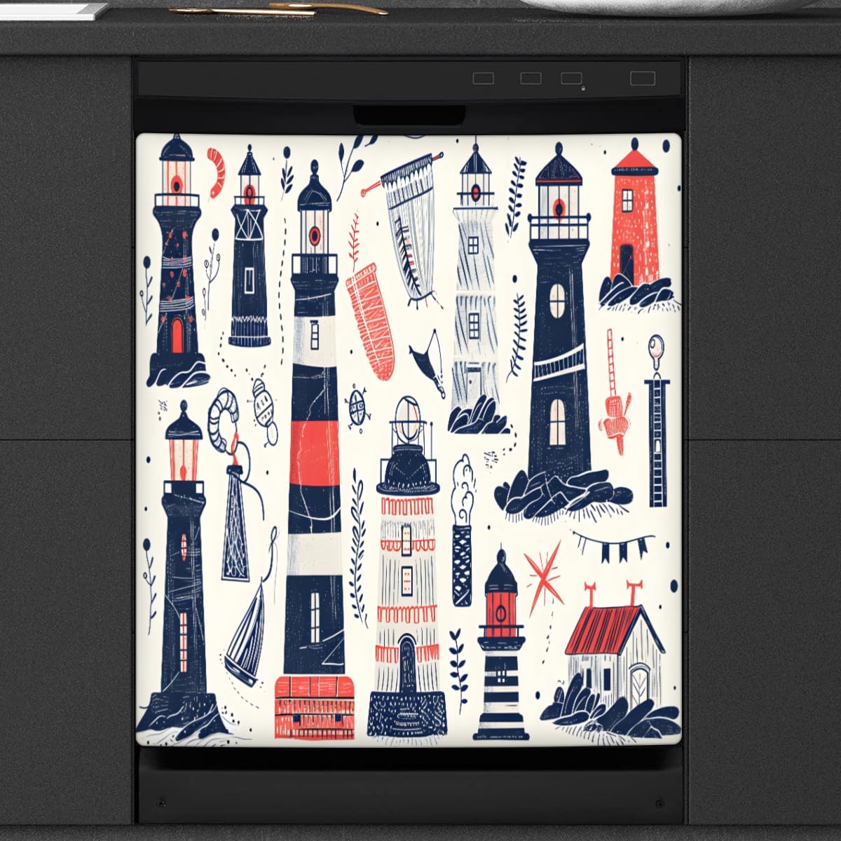Lighthouse House Pattern Dishwasher Magnet Cover Reusable Decorative Magnetic Door Cover Dishwasher Covers for The Front Magnetic Kitchen Refrigerator Appliance Decor 23 x 26 Inches