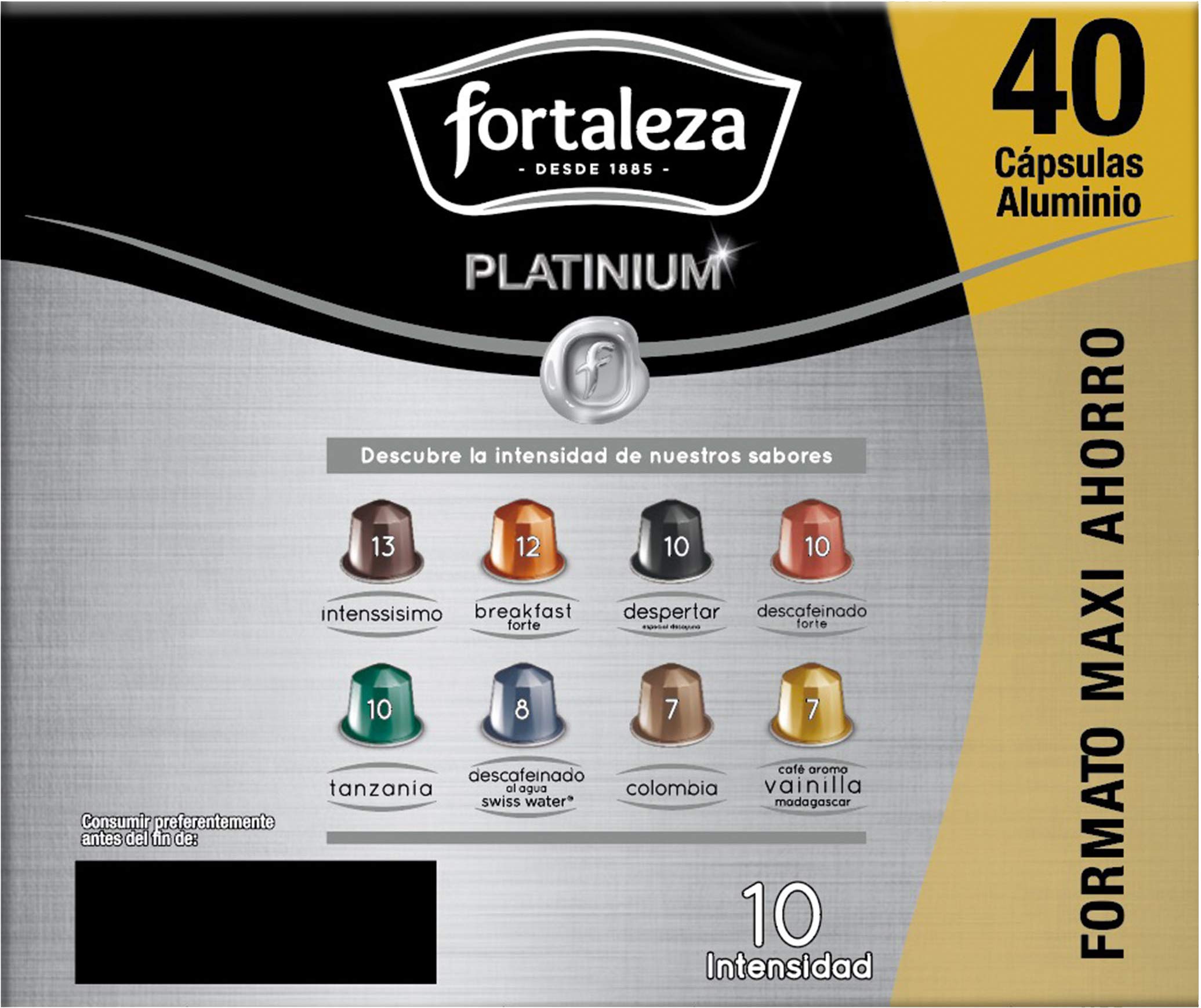 Café Fortaleza Platinium, Cápsulas Compatibles con Nespresso, de Aluminio, Descafeinado Forte, Sabor Intenso, Tueste Natural, Pack 4x40 - Total 160 uds