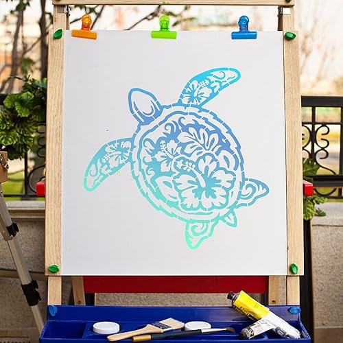 Miniatura 5 de GORGECRAFT Plantilla de tortuga marina hueca de 11.8 x 11.8 pulgadas, plantillas de pintura de flores de hibisco de animales oceánicos, plantillas
