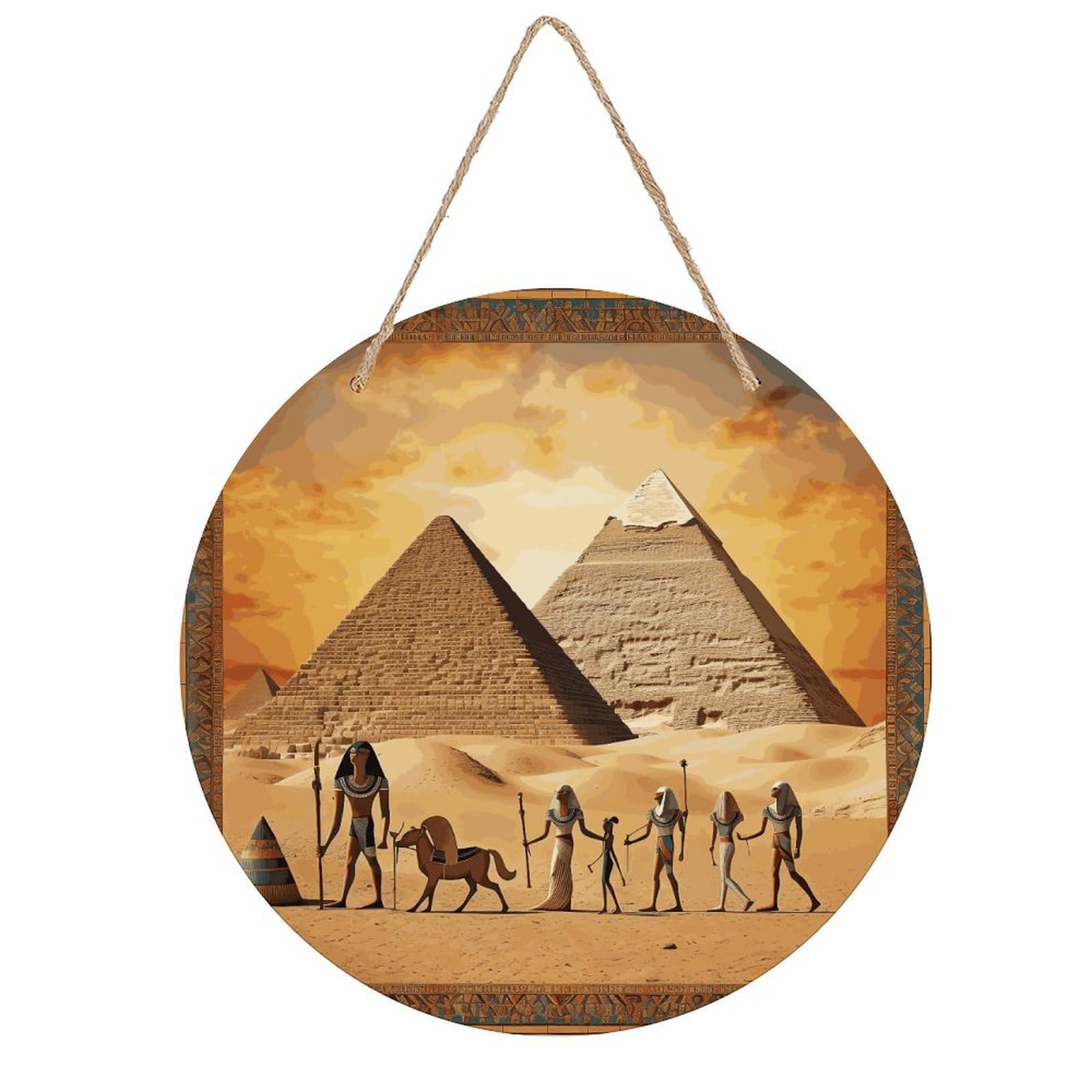 FekiLoot Ancient Egypt Wall Art Decor Rustic Vintage Hanging Wall Sign Aesthetic Welcome Door Sign with Rope, Round Wood Walls Decoration Picture for Home Front Door 7.9x7.9 in