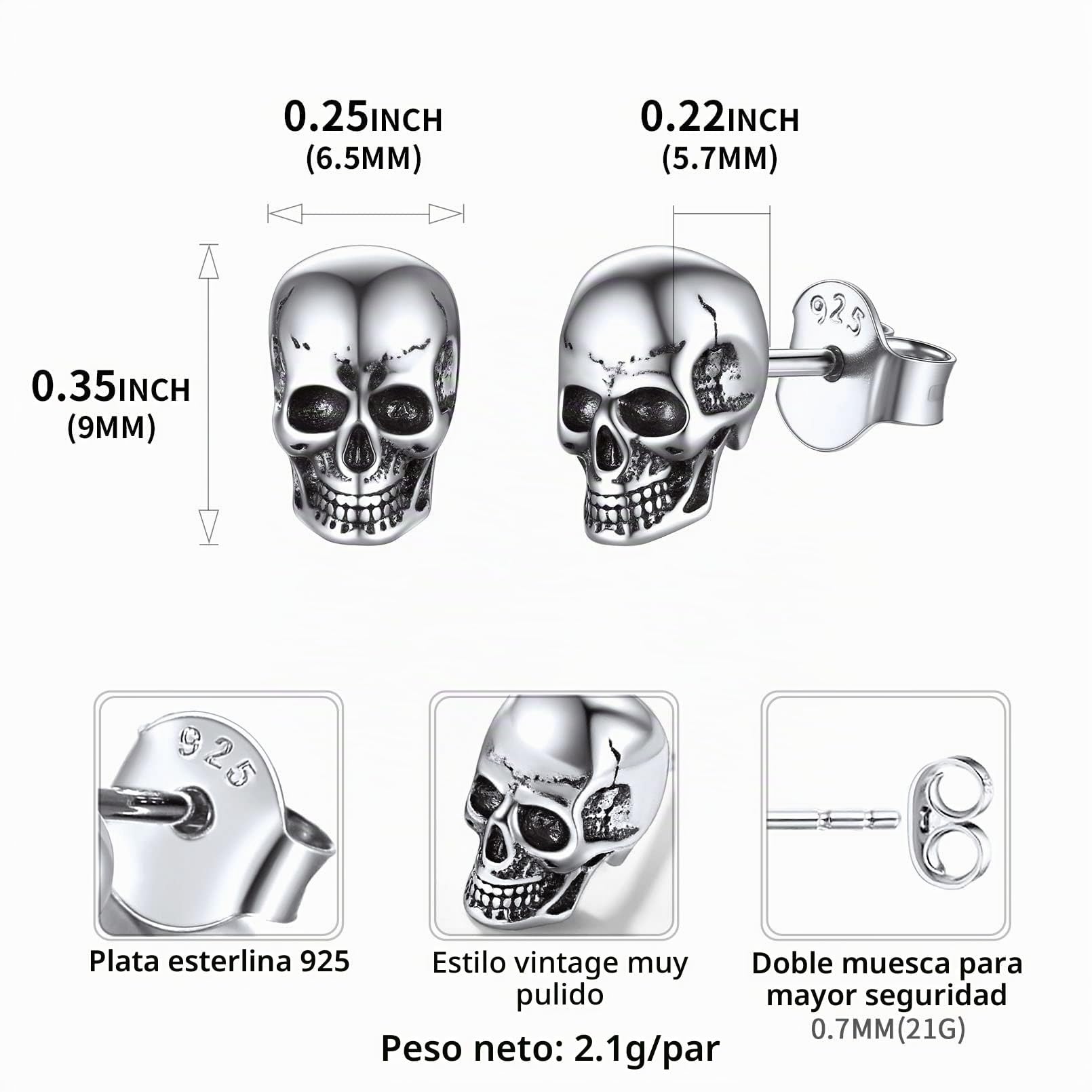 ChicSilver Pendientes Punk Calavera Plata de Ley 925 Hombre Pendientes Hip Hop Regalo Halloween Pendientes Vikingos Jovenes