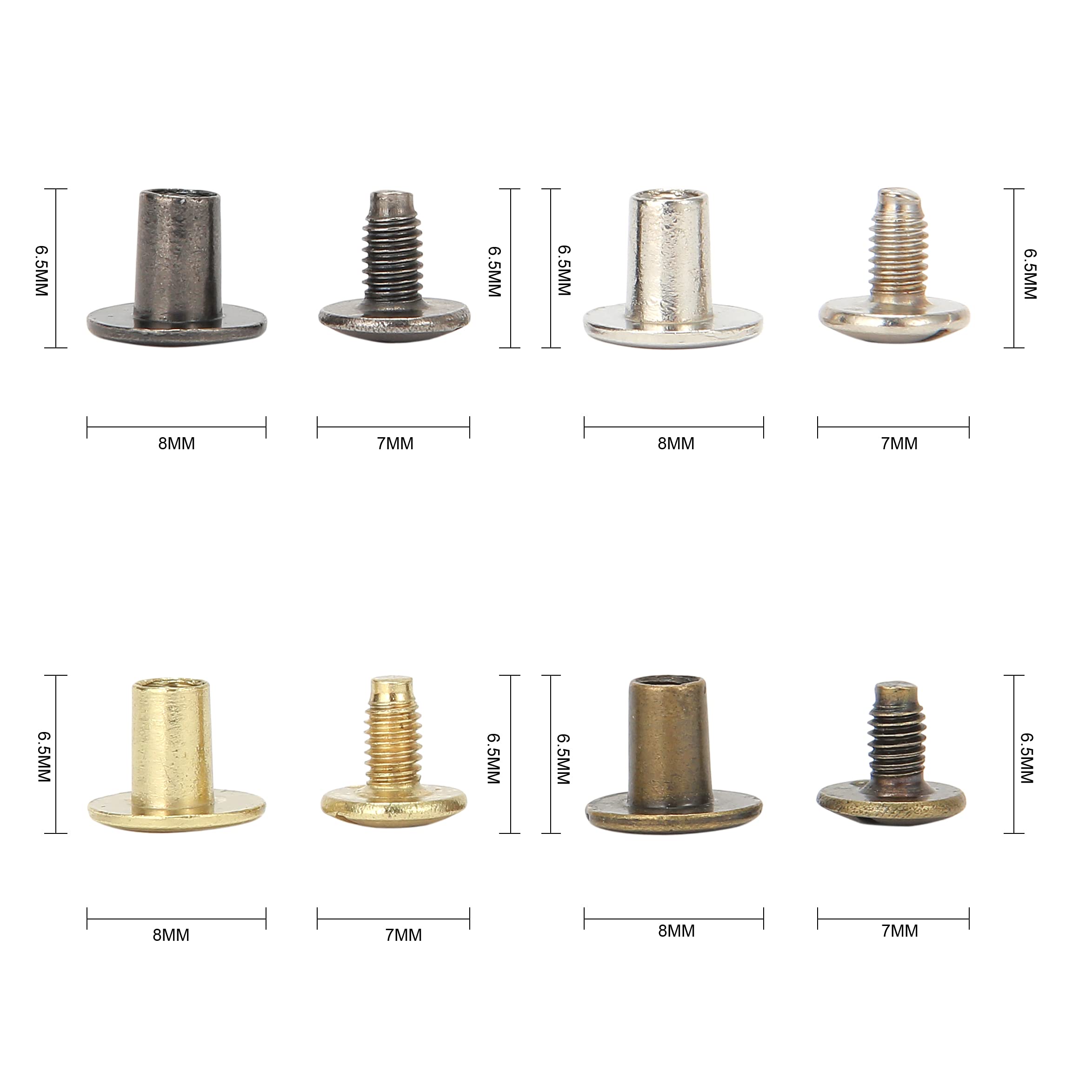 Weebee 100 juegos de tornillos redondos de cabeza plana Chicago, botones de metal accesorios tachuelas remaches, puntos de rosca, remaches de uñas para manualidades de cuero de 8 mm (dorado)