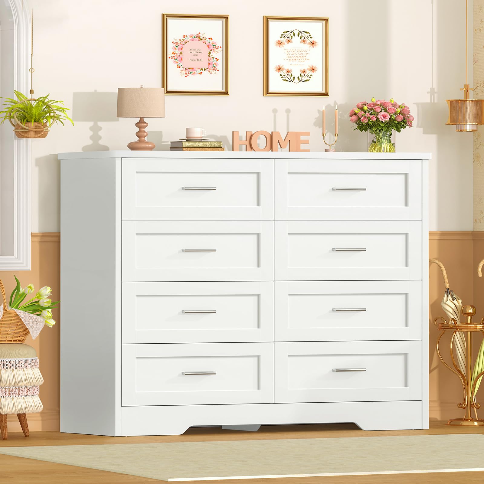 TEENFON Cassettiera Camera da Letto, Settimino con 8 Cassetti - Comò Bianco Moderno e Salvaspazio, Ideale per Soggiorno e Ingresso, 107x35x96.5 cm