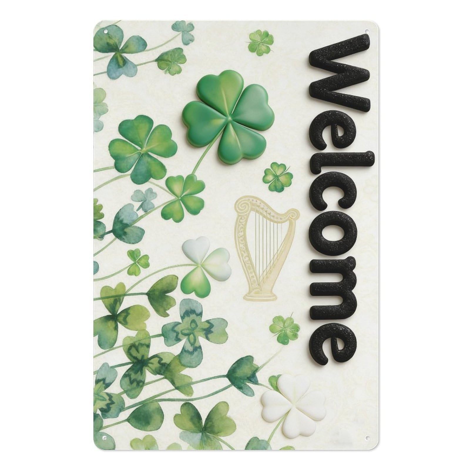 peiyeety Vintage Welcome Tin Sign with Raised Shamrocks & Irish Harp 8x12 Inch – St Patrick's Day Wall Decor, Retro Metal Sign for Home, Kitchen, Bar, or Pub with Relief Green Clovers