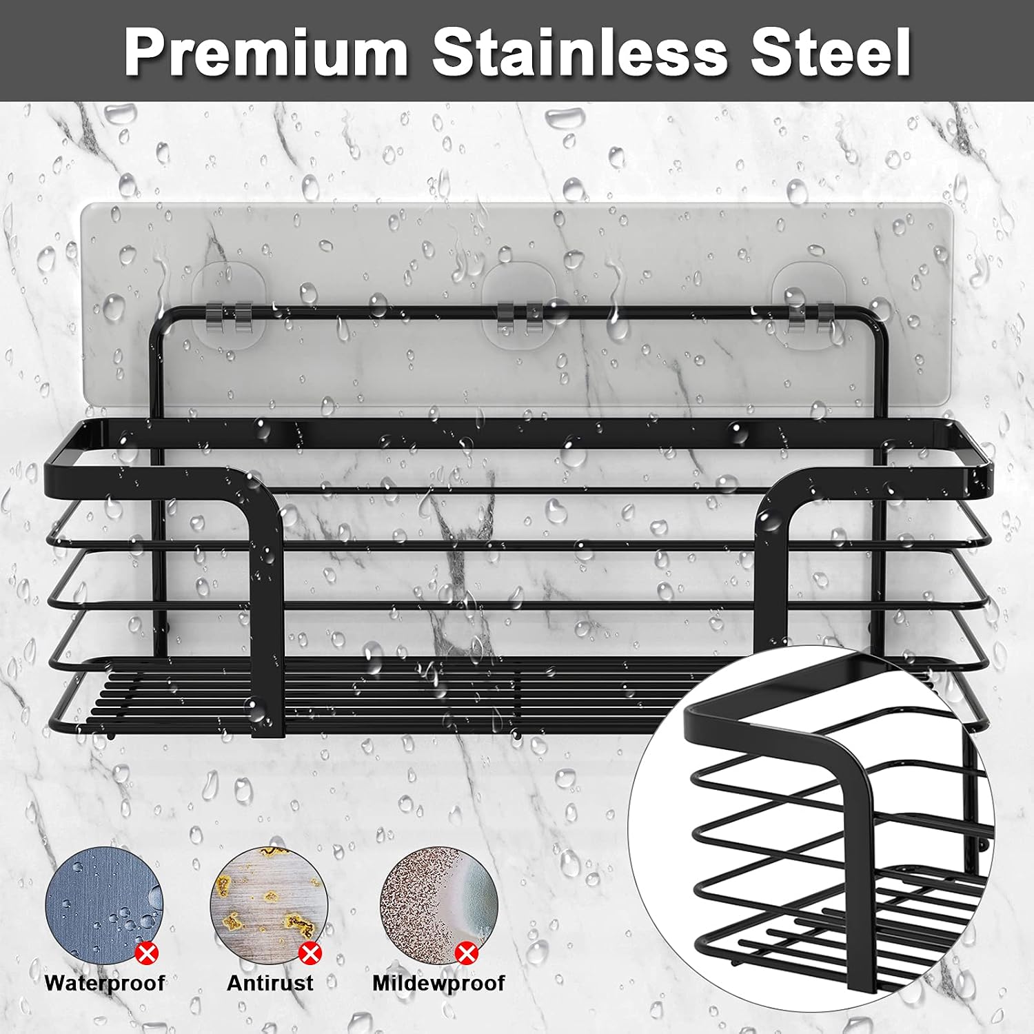 ODesign Shower Caddy Basket Shelf for Shampoo Conditioner Adhesive Bathroom Storage Organizer SUS304 Stainless Steel Rustproof No Drilling - 2 Pack (Black)