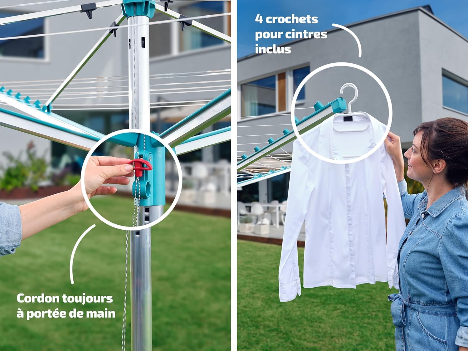 Leifheit Séchoir Parapluie Linomatic 500 Easy avec Housse de Protection, Douille de Sol, Système Easy-Lift, Etendoir à Linge 50m, Séchoir à Linge à Rétractation Automatique des Fils