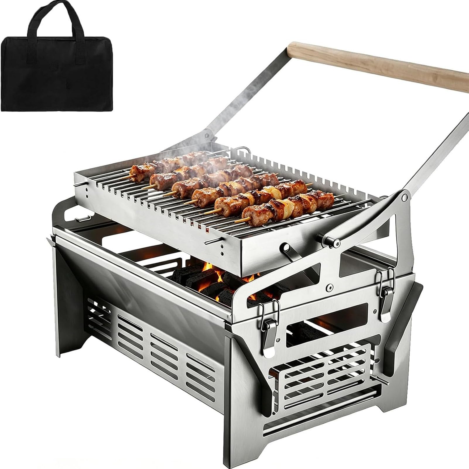 PioMue Rotating Barbecue Grill, Stainless Steel 360 Degree Rotating Grills, Adjustable Positions, Double-sided Flip, Manual Push-pull Charcoal Grill for Picnic and Yard Party