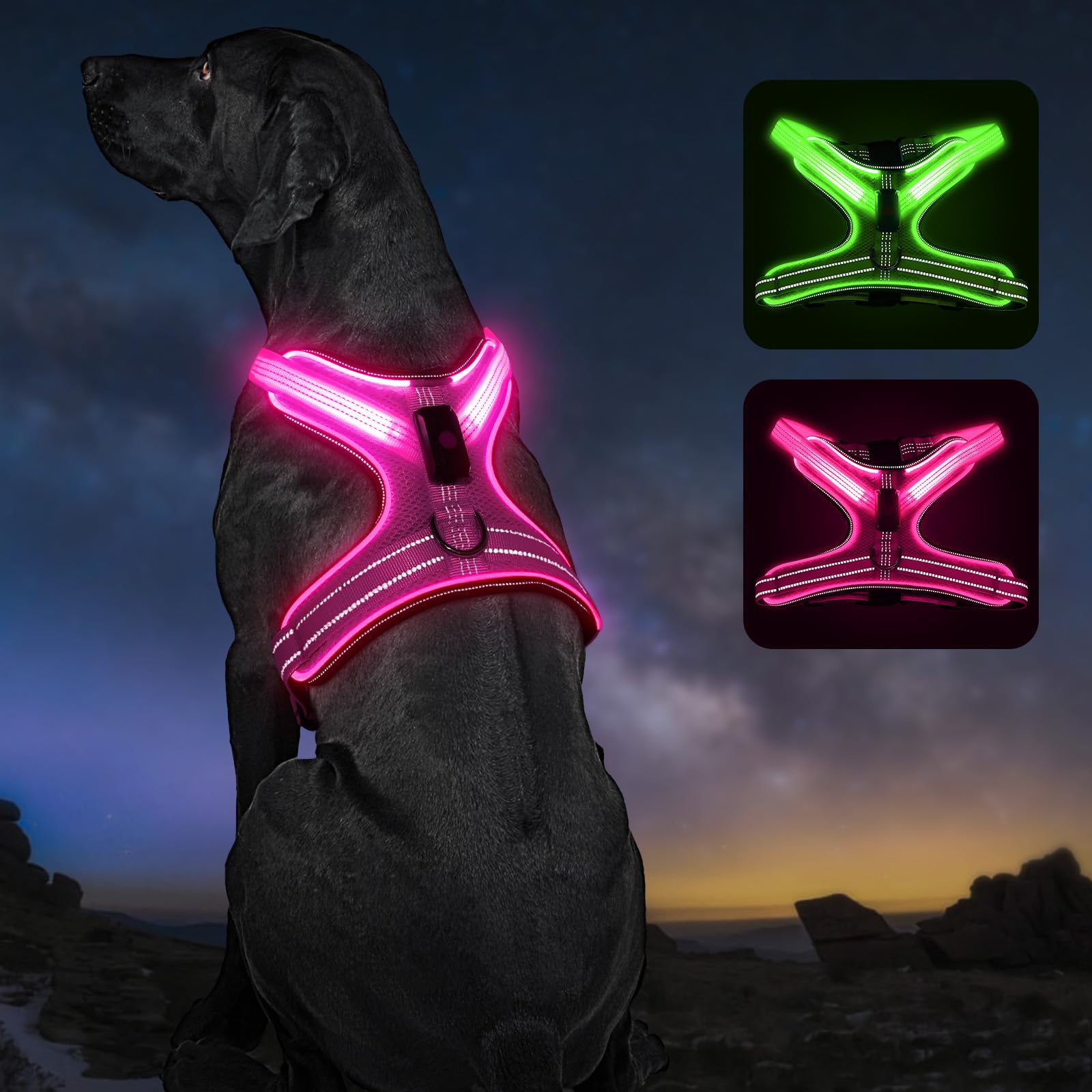 Light Up Dog Harness, Rechargeable Led Dog Harness with Battery Level Indicator, Adjustable Reflective Safety Vest for Night Walking, Soft Mesh Lighted Harness for Medium Large Dogs(5-90lbs)
