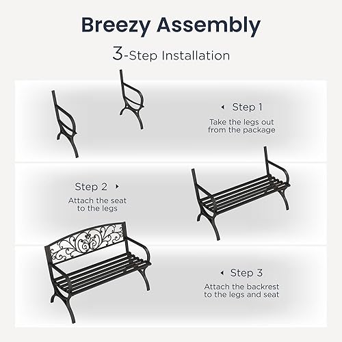 Miniatura 5 de PHI VILLA Banco de jardín de 50 pulgadas para exteriores, banco de patio para exteriores, porche de metal, marco de acero, muebles para patio