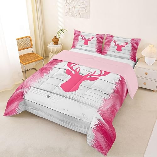 Miniatura 5 de Lindo juego de edredón de ciervo, edredón de piel de vaca para niños y adolescentes, juego de ropa de cama de grano de madera de vaquero rosa,