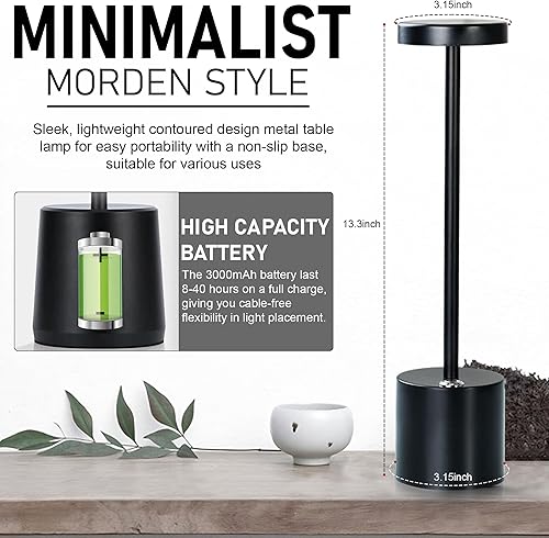Miniatura 9 de Moss & Stone Paquete de 2 lámparas de mesa portátiles inalámbricas LED, lámpara de escritorio inalámbrica USB, lámpara de mesa recargable de 3000
