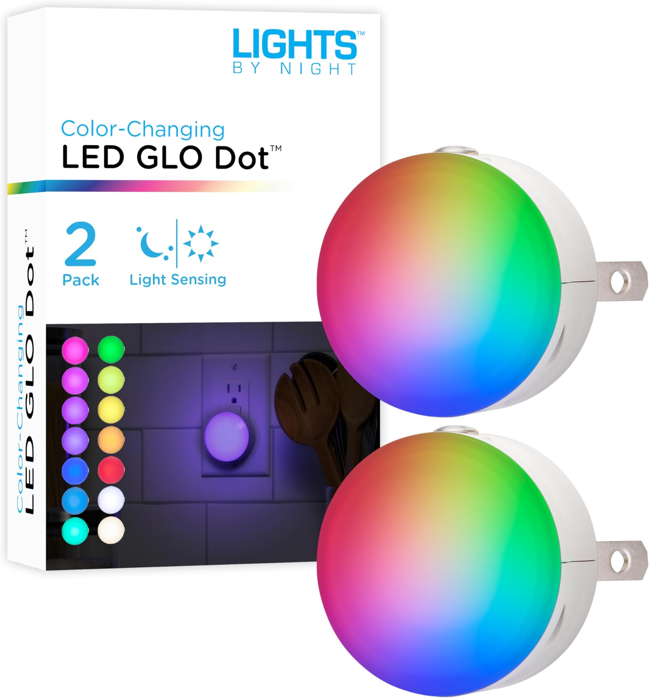 Lights by Night Color Changing Mini LED Night Light, Plug-in, Dusk to Dawn Sensor, Compact, 3 Modes, Ambient Lighting, for Kids or Adults, Bedroom, Bathroom, Nursery, Hallway, 2 Pack, 73683