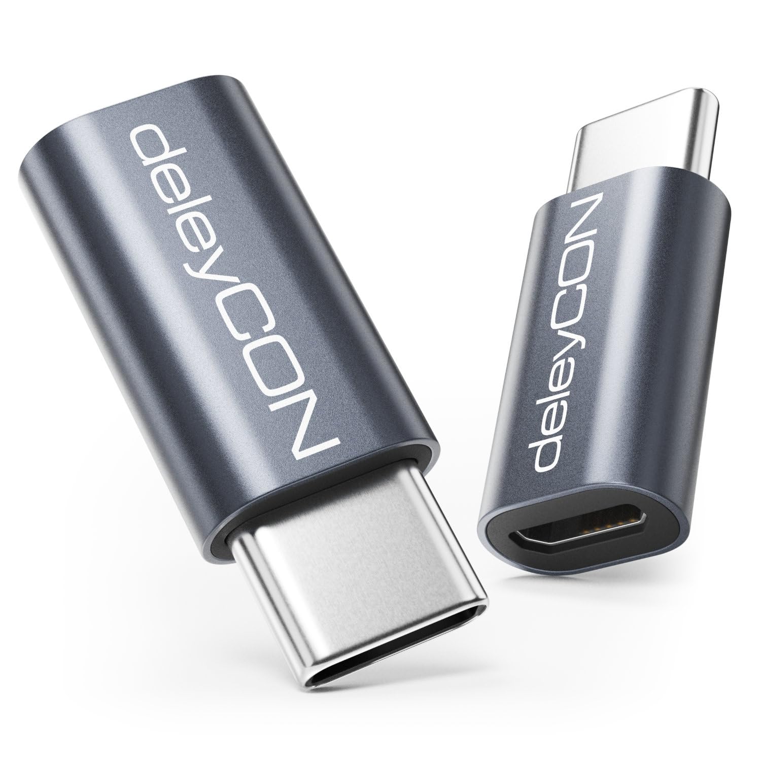deleyCON 2 Stuks USB-C Adapter van Aluminium - Micro USB-Aansluiting naar C- Stekker - voor Opladen en Synchroniseren voor Apple Samsung Google Huawei Xiaomi Mobiele Telefoon Smartphone - Zilver